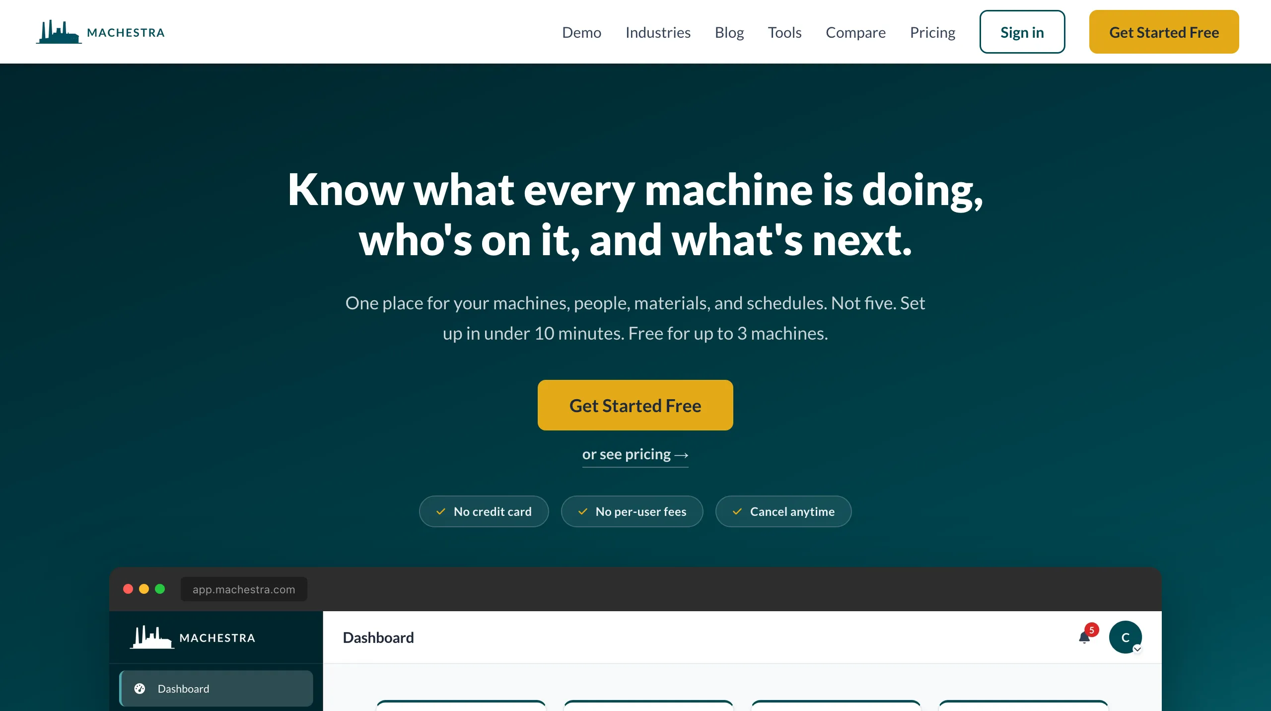 The Machestra home page, headlined "Know what every machine is doing, who's on it, and what's next." above a preview of the scheduling dashboard.