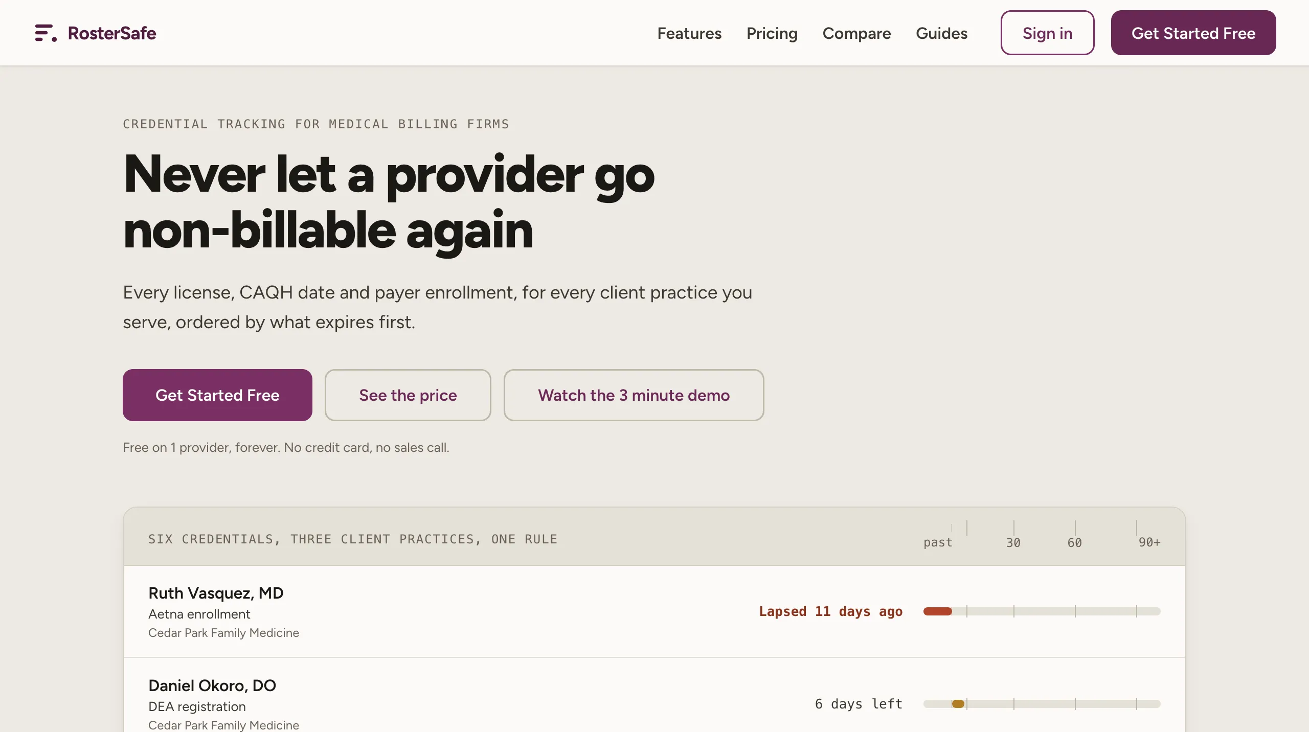 The RosterSafe home page, headlined "Never let a provider go non-billable again" above a list of provider credentials ordered by expiry.